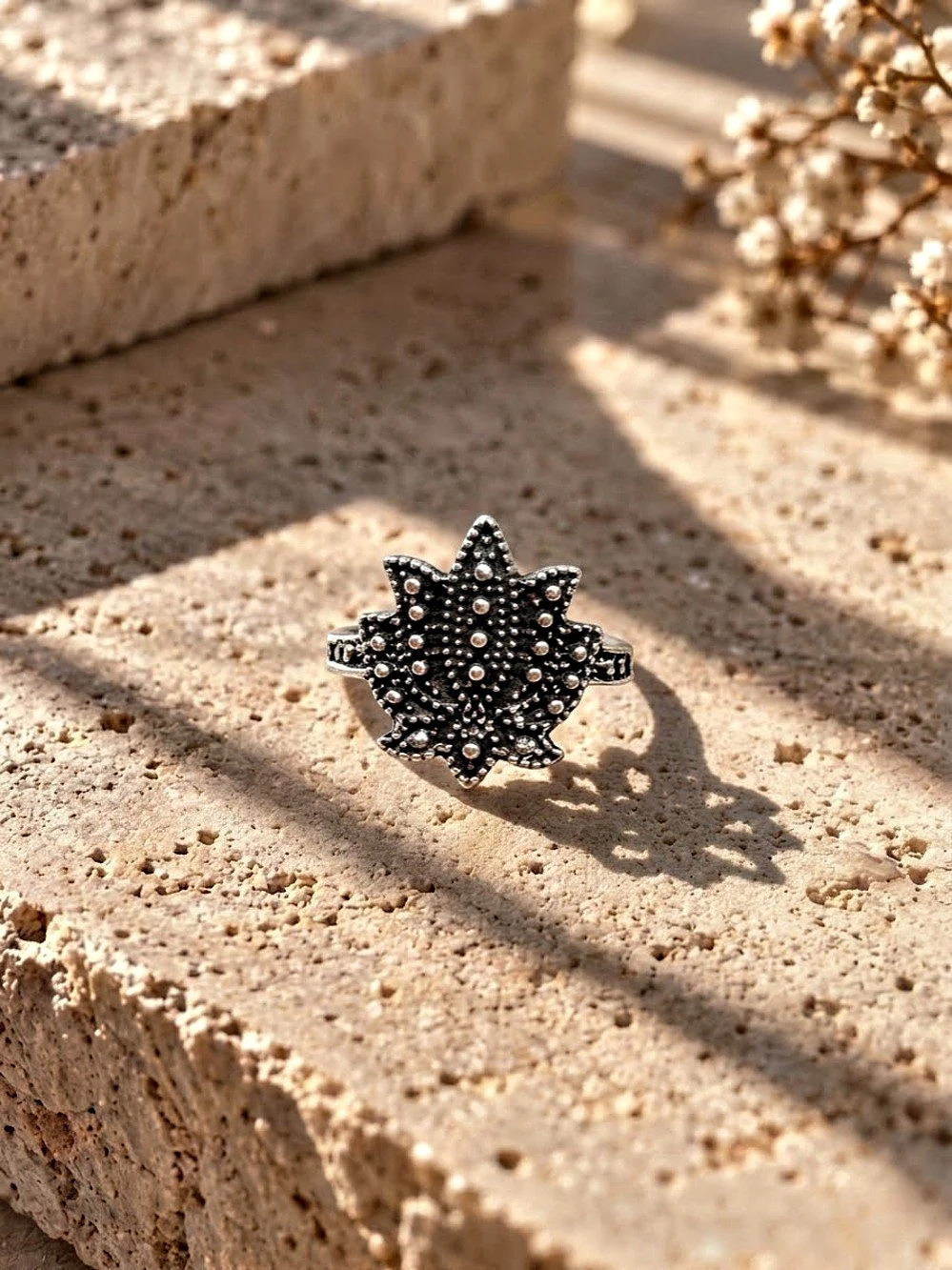 Maple Leaf Statement Ring in Black & Silver tones